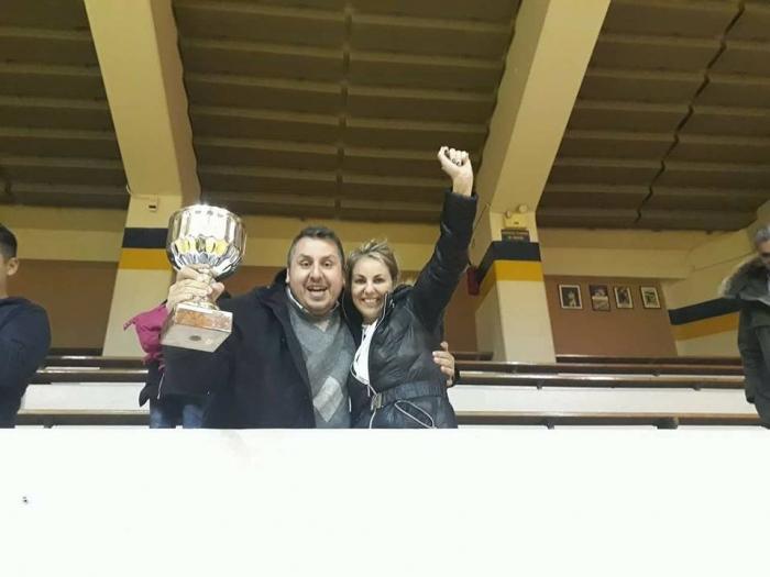 Kyriakos Kontaxian, President of ACT Alumni Association celebrates the big win with Alexandra Kostara, member of the Association